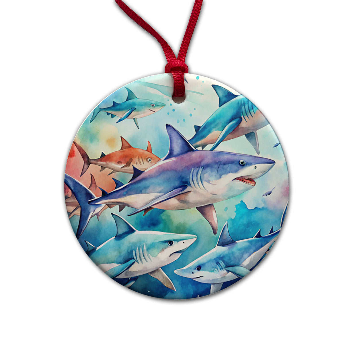 Sharks Watercolor Design Round Ceramic Holiday Christmas Tree Ornament