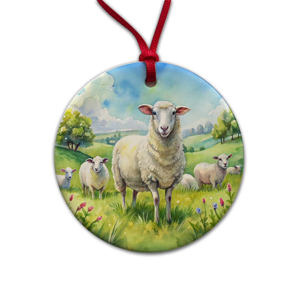 Sheep In Meadow Watercolor Design Round Ceramic Holiday Christmas Tree Ornament