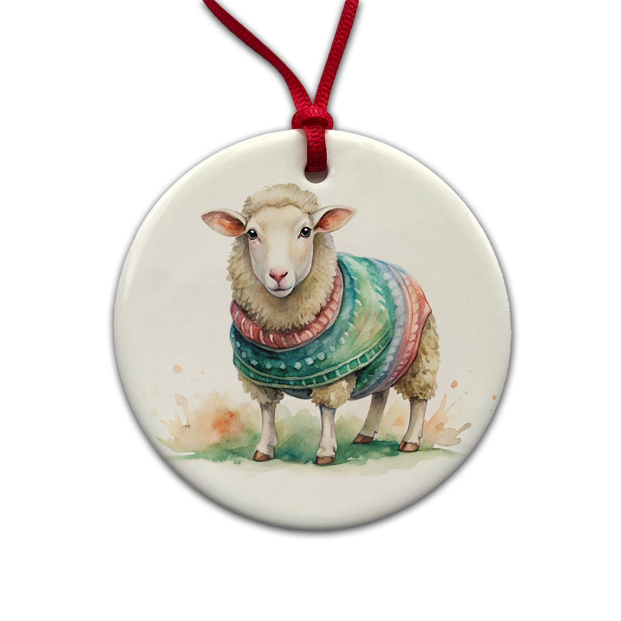 Sheep Wearing A Sweater Watercolor Round Ceramic Holiday Christmas Tree Ornament