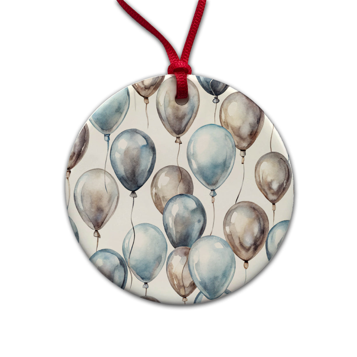 Silver Balloons Watercolor Birthday Anniversary Round Ceramic Holiday Christmas Tree Ornament