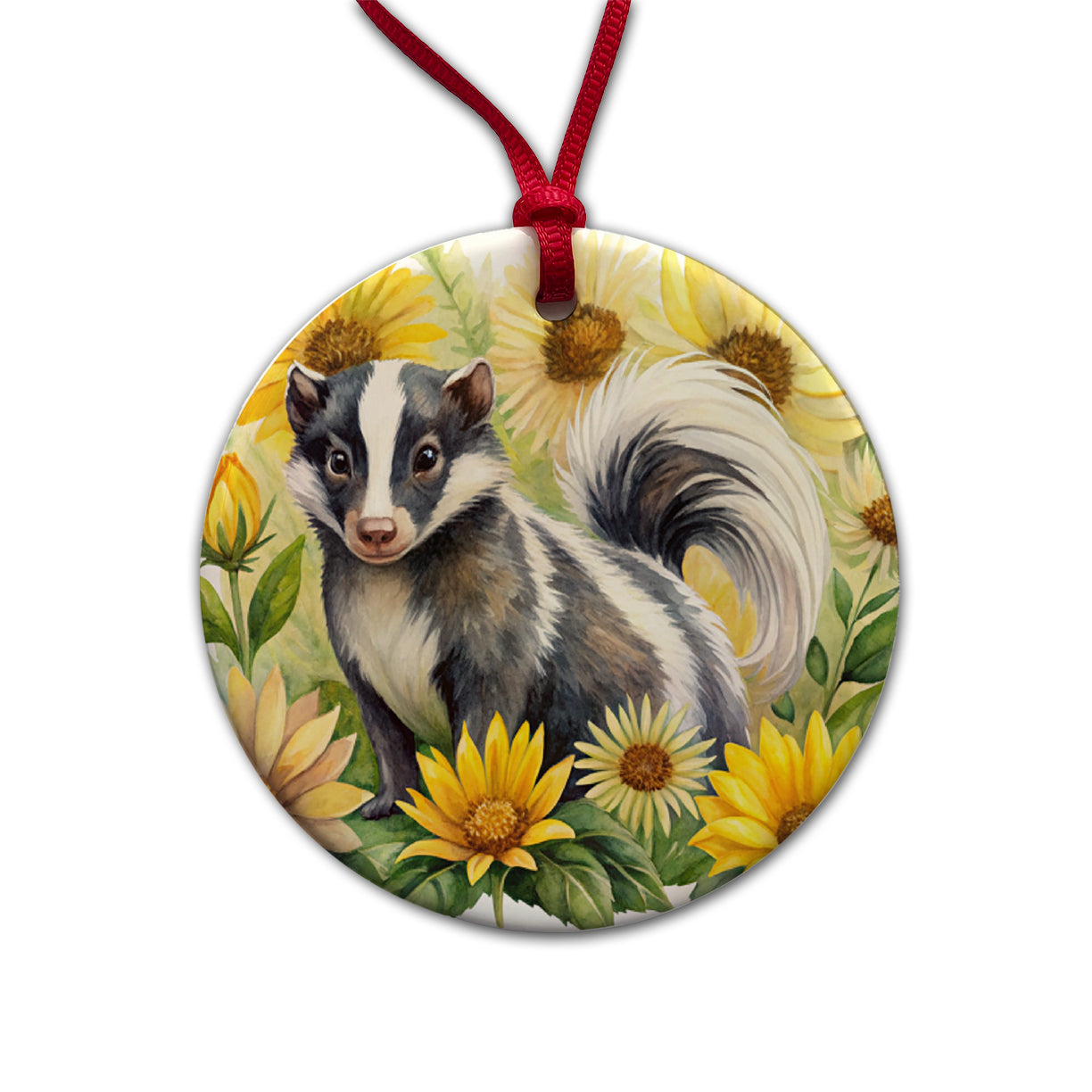 Skunk Watercolor Design With Sunflowers Round Ceramic Holiday Christmas Tree Ornament