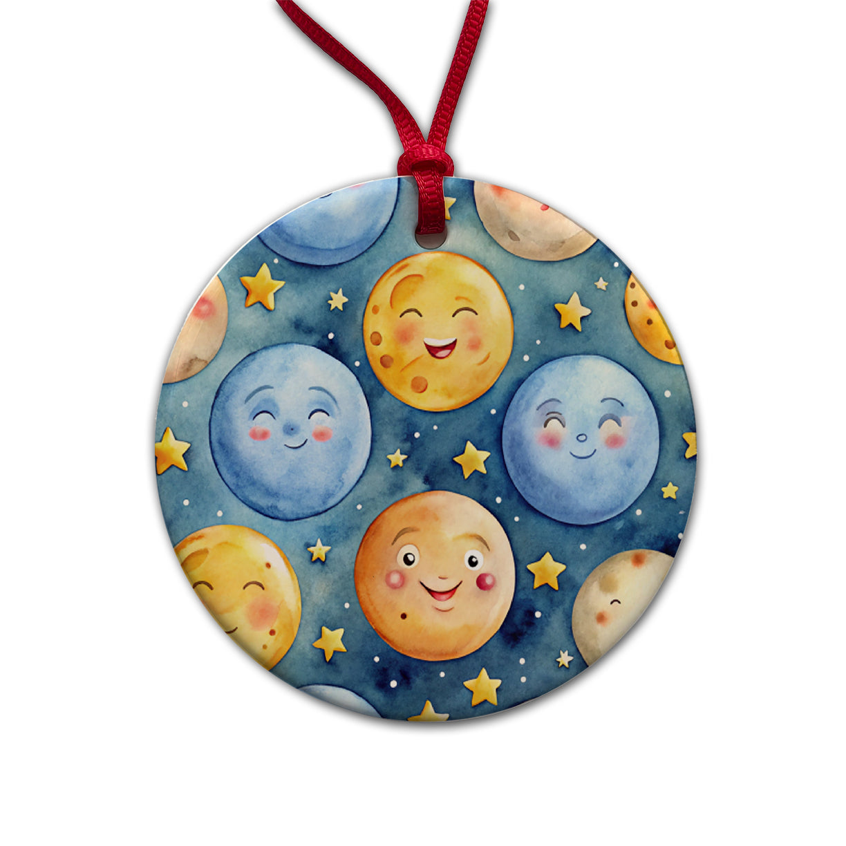 Smiling Moons Watercolor Round Ceramic Holiday Christmas Tree Ornament