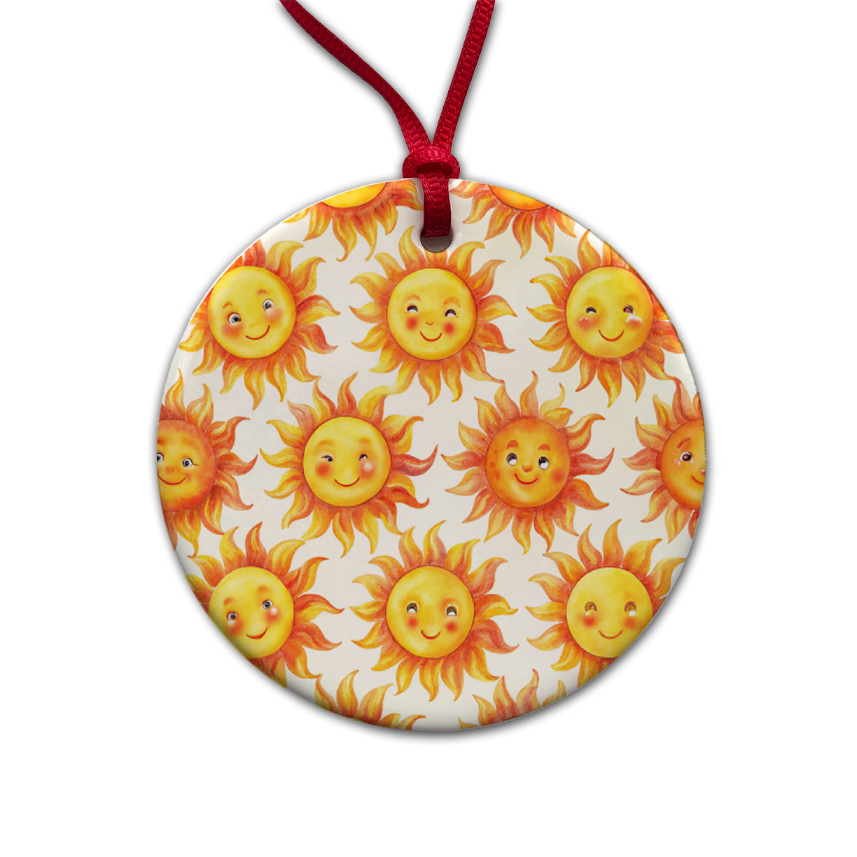 Smiling Suns Watercolor Round Ceramic Holiday Christmas Tree Ornament