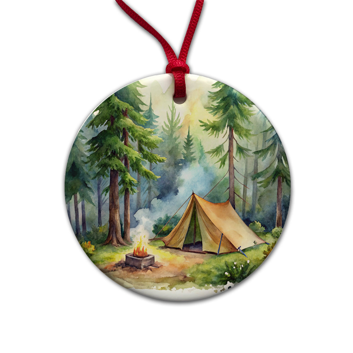 Solo Camping In Forest Watercolor Design Round Ceramic Holiday Christmas Tree Ornament