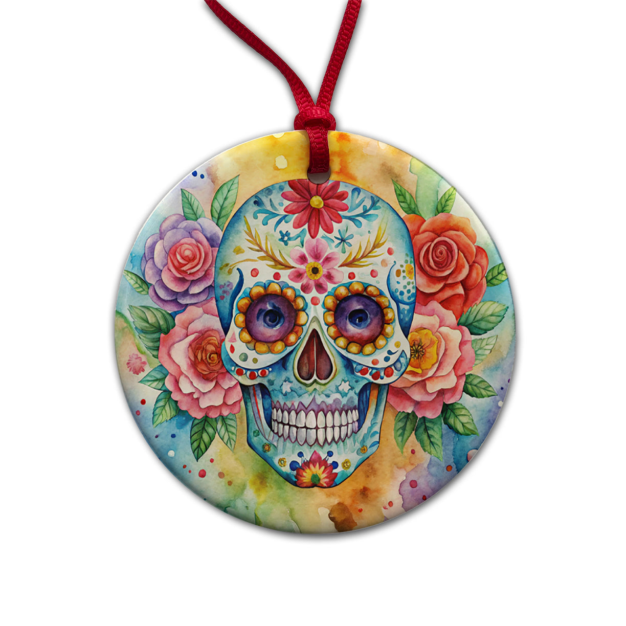Sugar Skull Watercolor Round Ceramic Holiday Christmas Tree Ornament