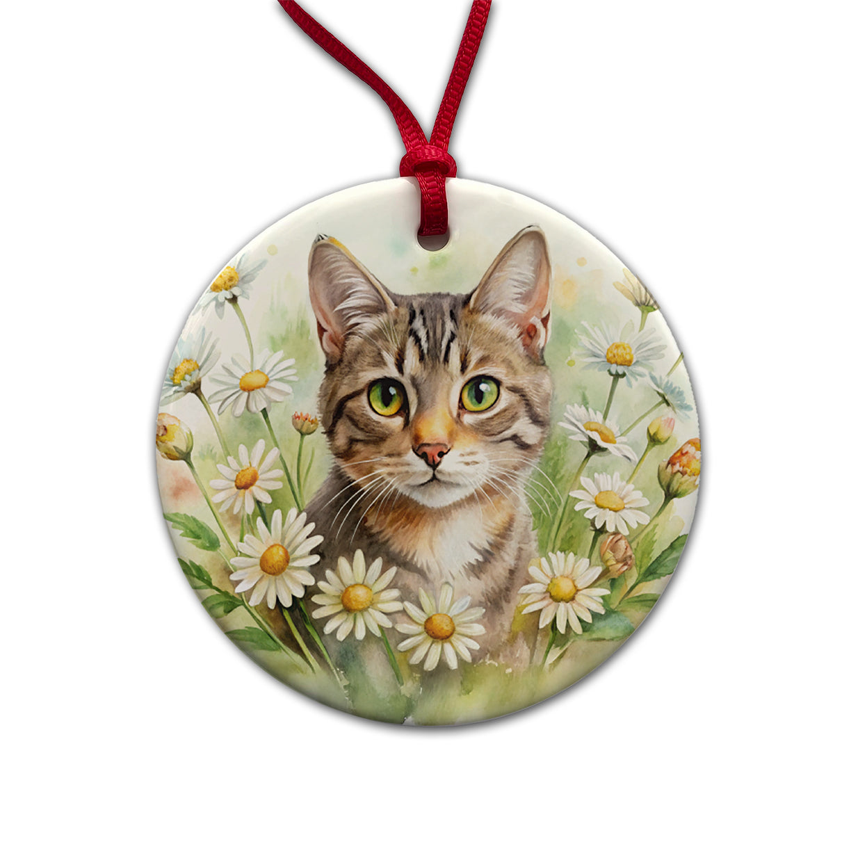 Tabby Cat Watercolor Design With Daisies Round Ceramic Holiday Christmas Tree Ornament
