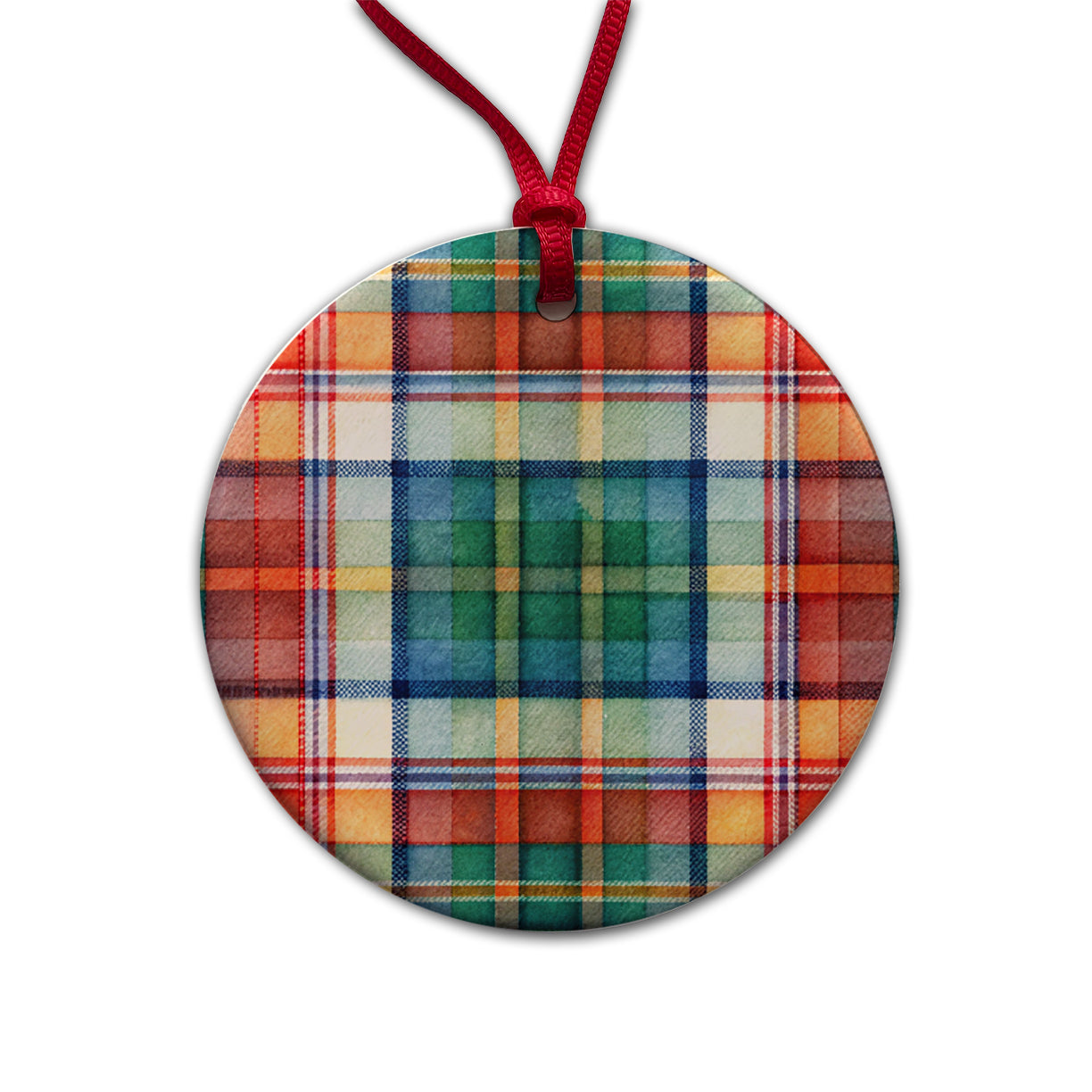 Tartan Plaid Watercolor Round Ceramic Holiday Christmas Tree Ornament