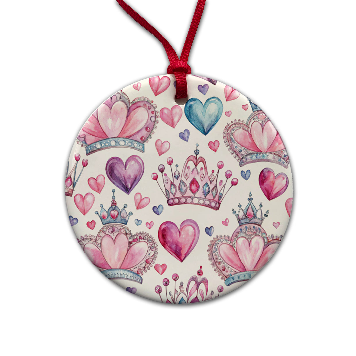 Tiaras Crowns Royalty Hearts Watercolor Round Ceramic Holiday Christmas Tree Ornament