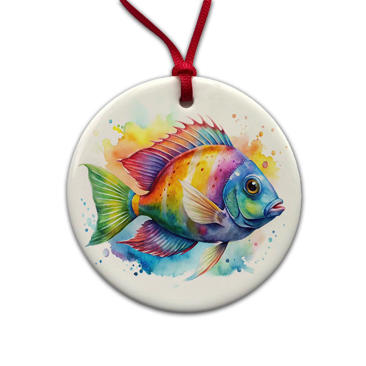 Tropical Fish Watercolor Design Round Ceramic Holiday Christmas Tree Ornament