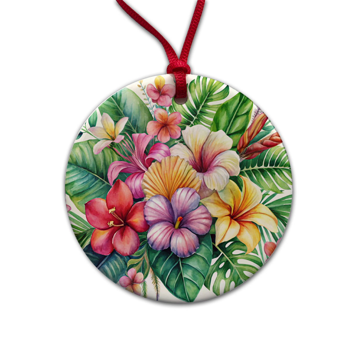 Tropical Flowers Watercolor Design Round Ceramic Holiday Christmas Tree Ornament