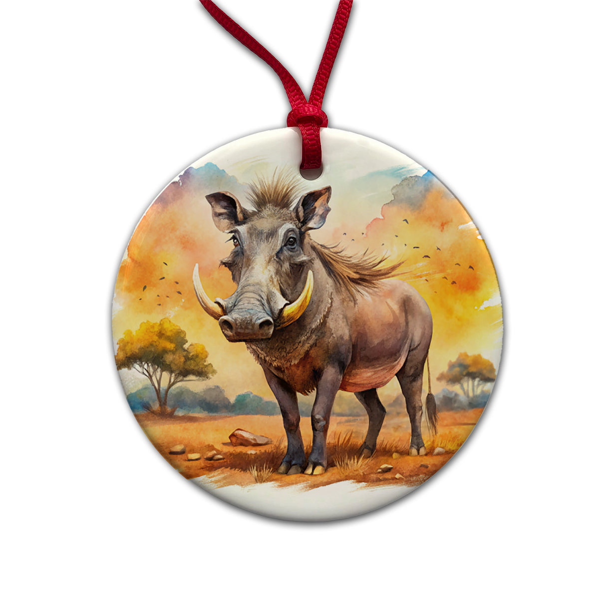 Warthog African Plain Watercolor Design Round Ceramic Holiday Christmas Tree Ornament