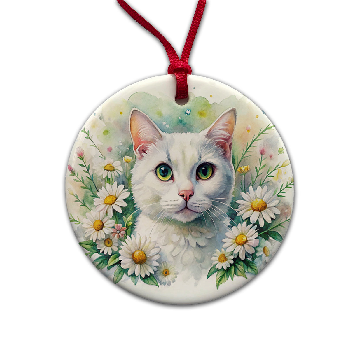 White Cat Watercolor Design With Daisies Round Ceramic Holiday Christmas Tree Ornament