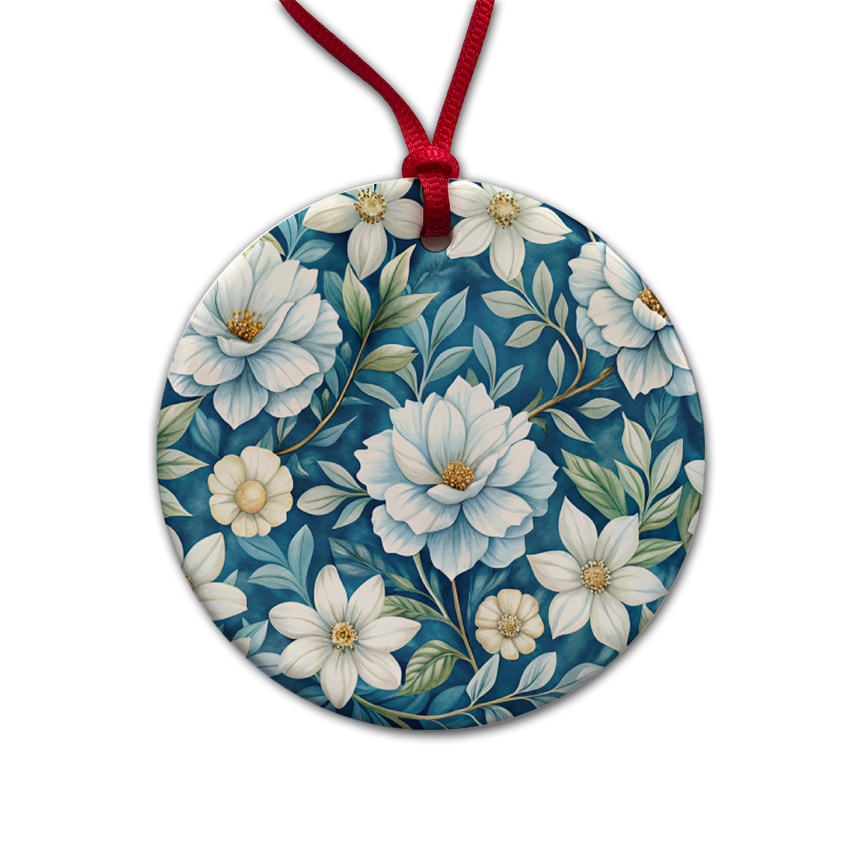 White Flowers Blue Background Round Ceramic Holiday Christmas Tree Ornament