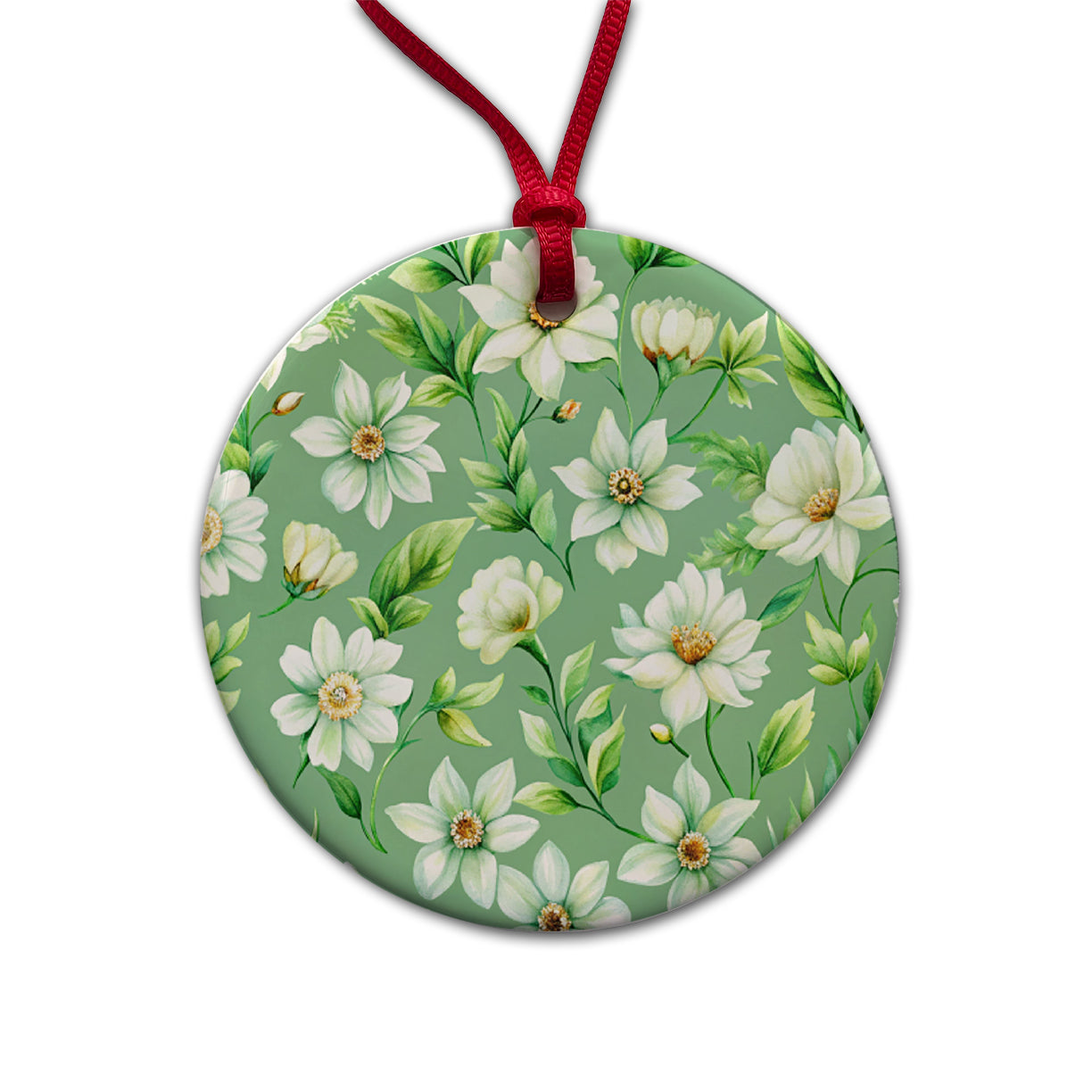 White Flowers Green Background Round Ceramic Holiday Christmas Tree Ornament