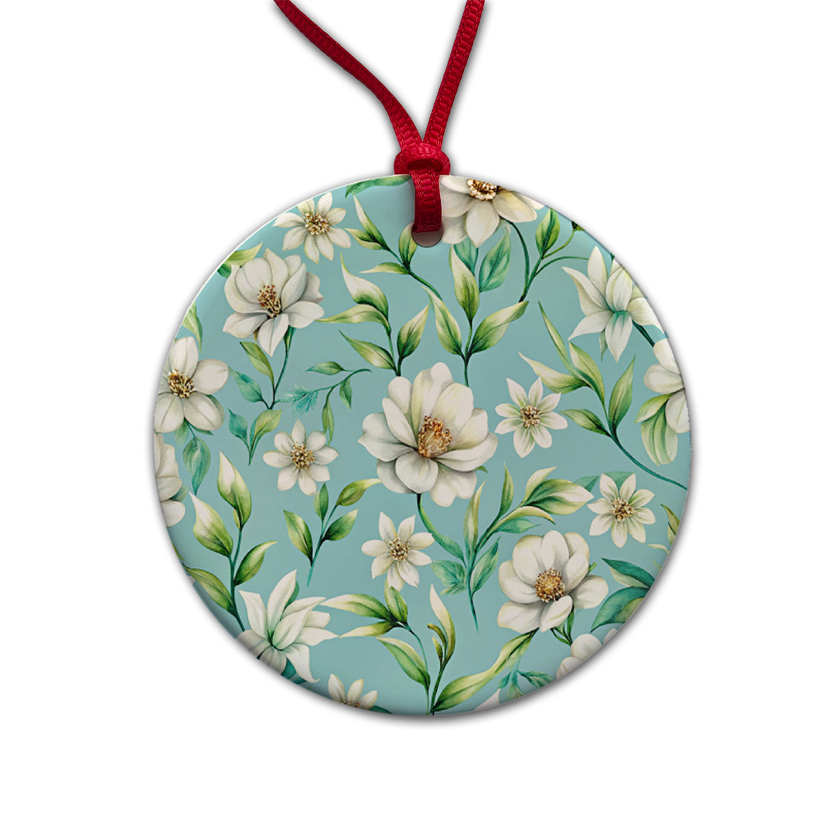 White Flowers Light Blue Background Round Ceramic Holiday Christmas Tree Ornament
