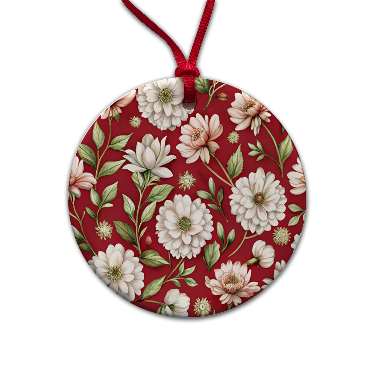White Flowers Red Background Round Ceramic Holiday Christmas Tree Ornament