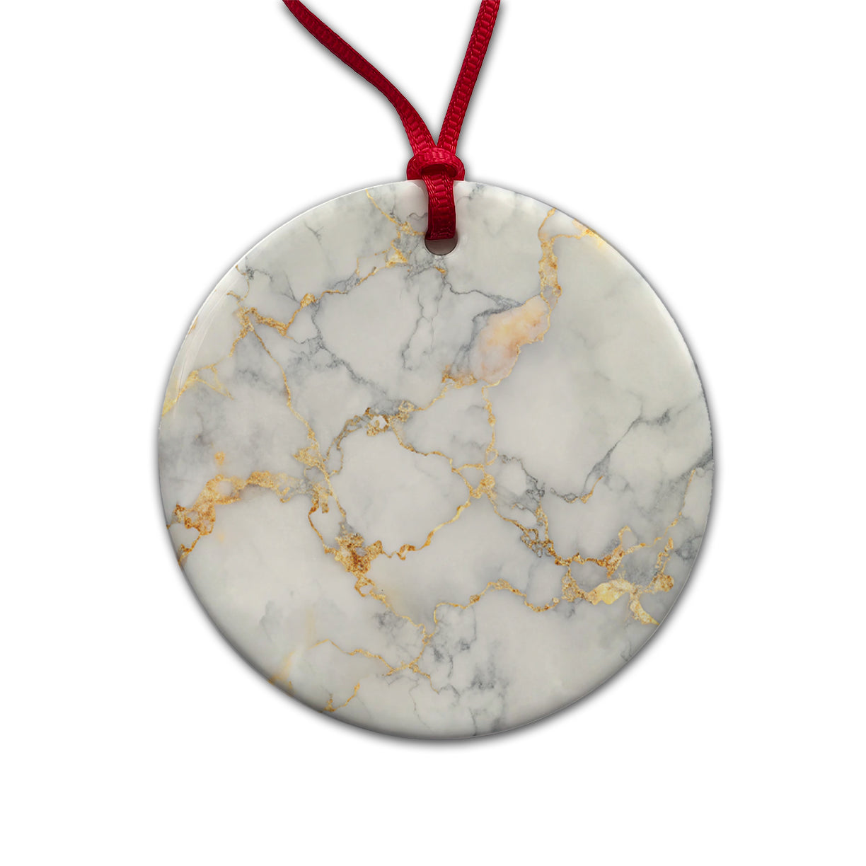 White Gold Marble Background Watercolor Round Ceramic Holiday Christmas Tree Ornament