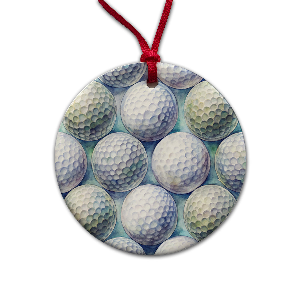 White Golf Balls Watercolor Round Ceramic Holiday Christmas Tree Ornament