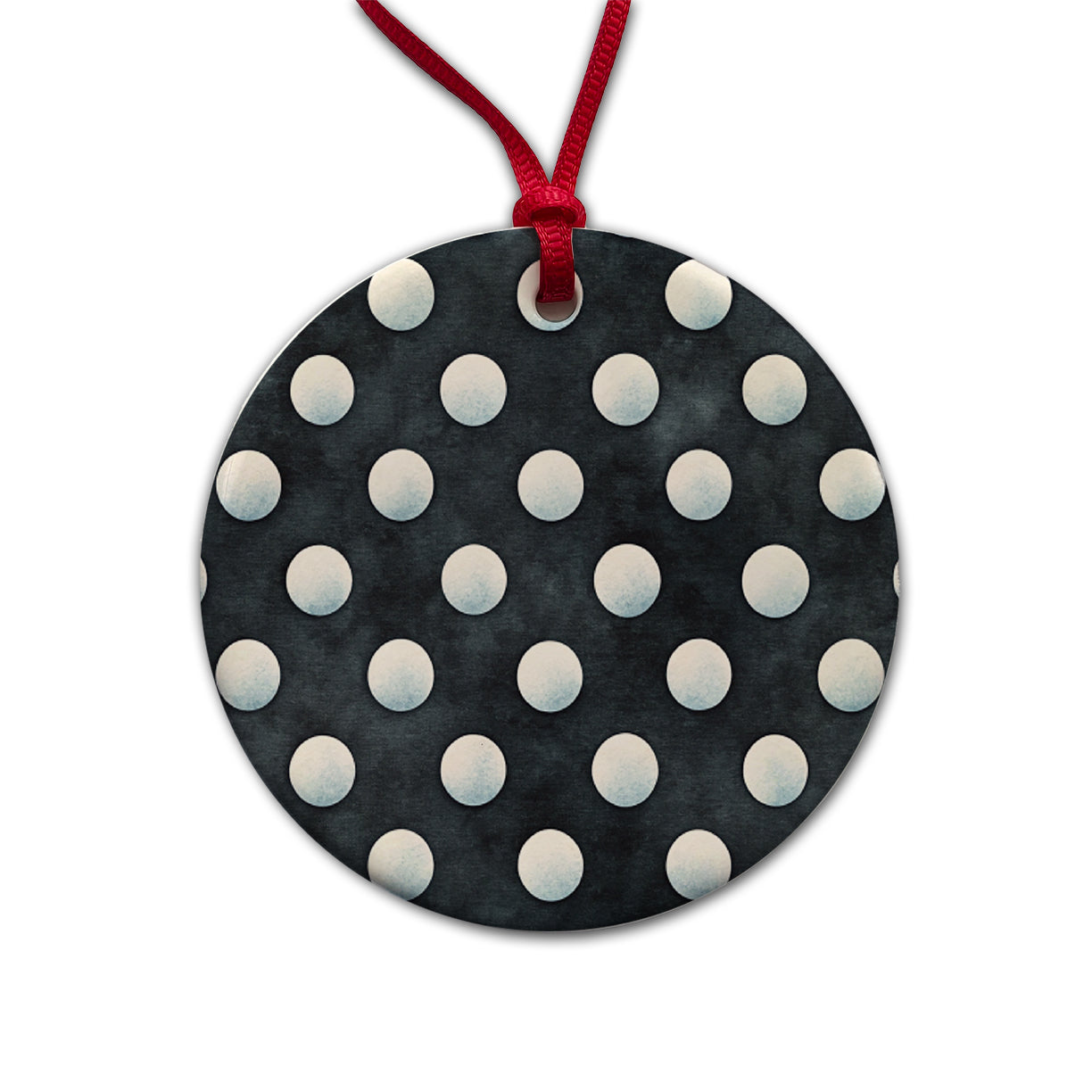 White Polka Dots Black Background Round Ceramic Holiday Christmas Tree Ornament