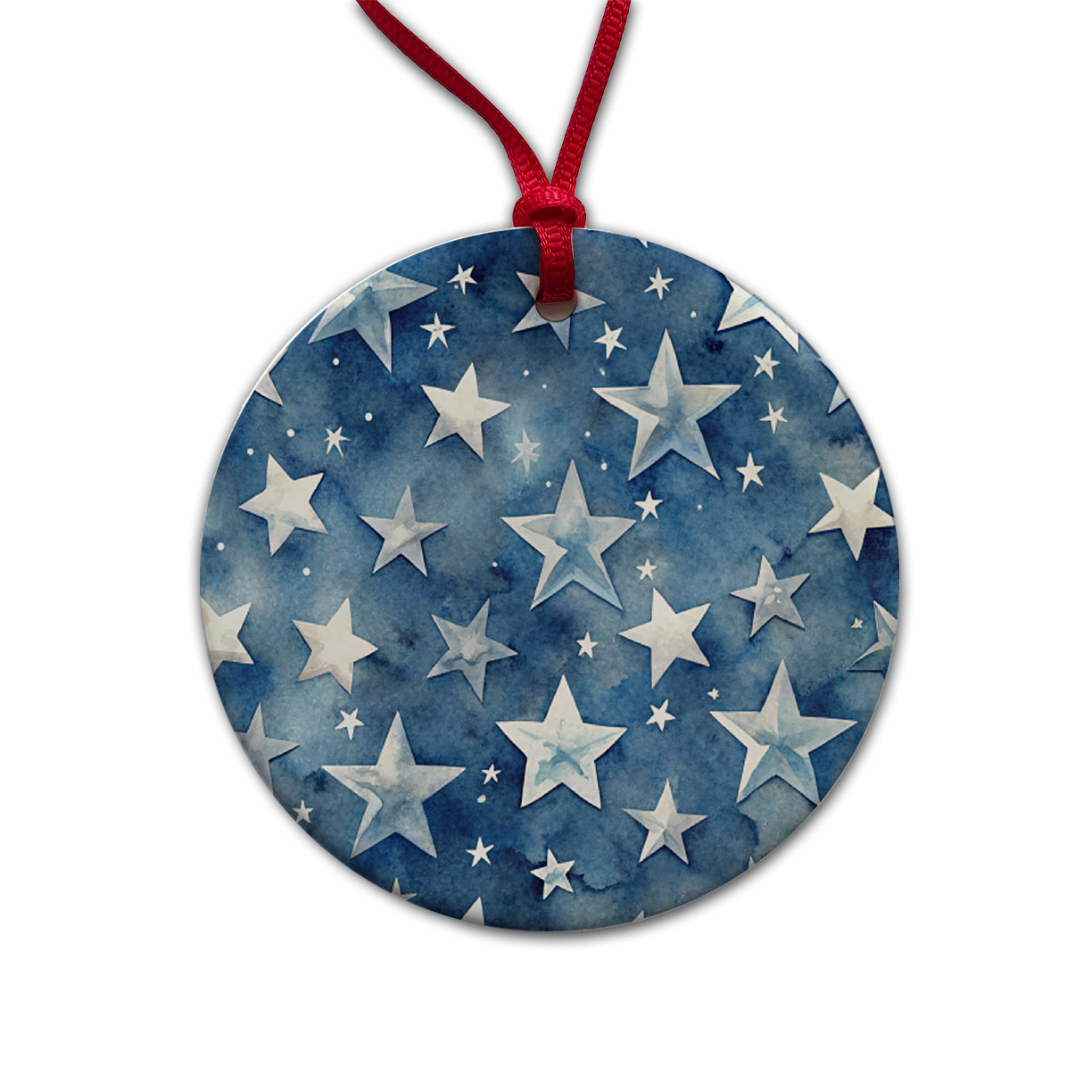 White Stars Blue Background Watercolor Round Ceramic Holiday Christmas Tree Ornament