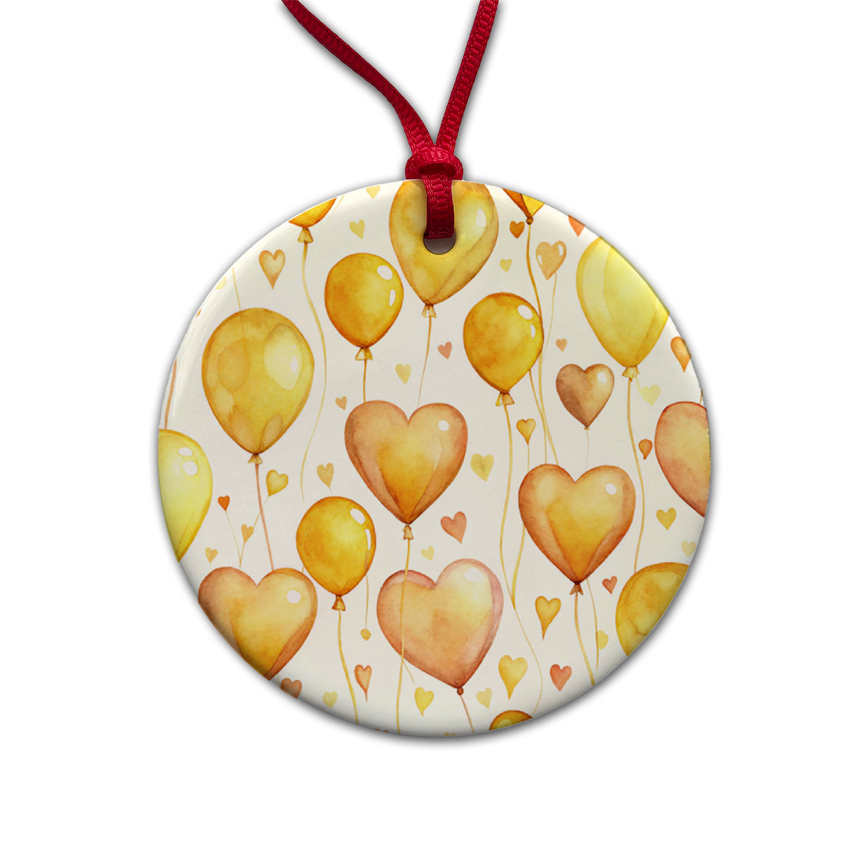 Yellow Balloons Hearts Watercolor Round Ceramic Holiday Christmas Tree Ornament