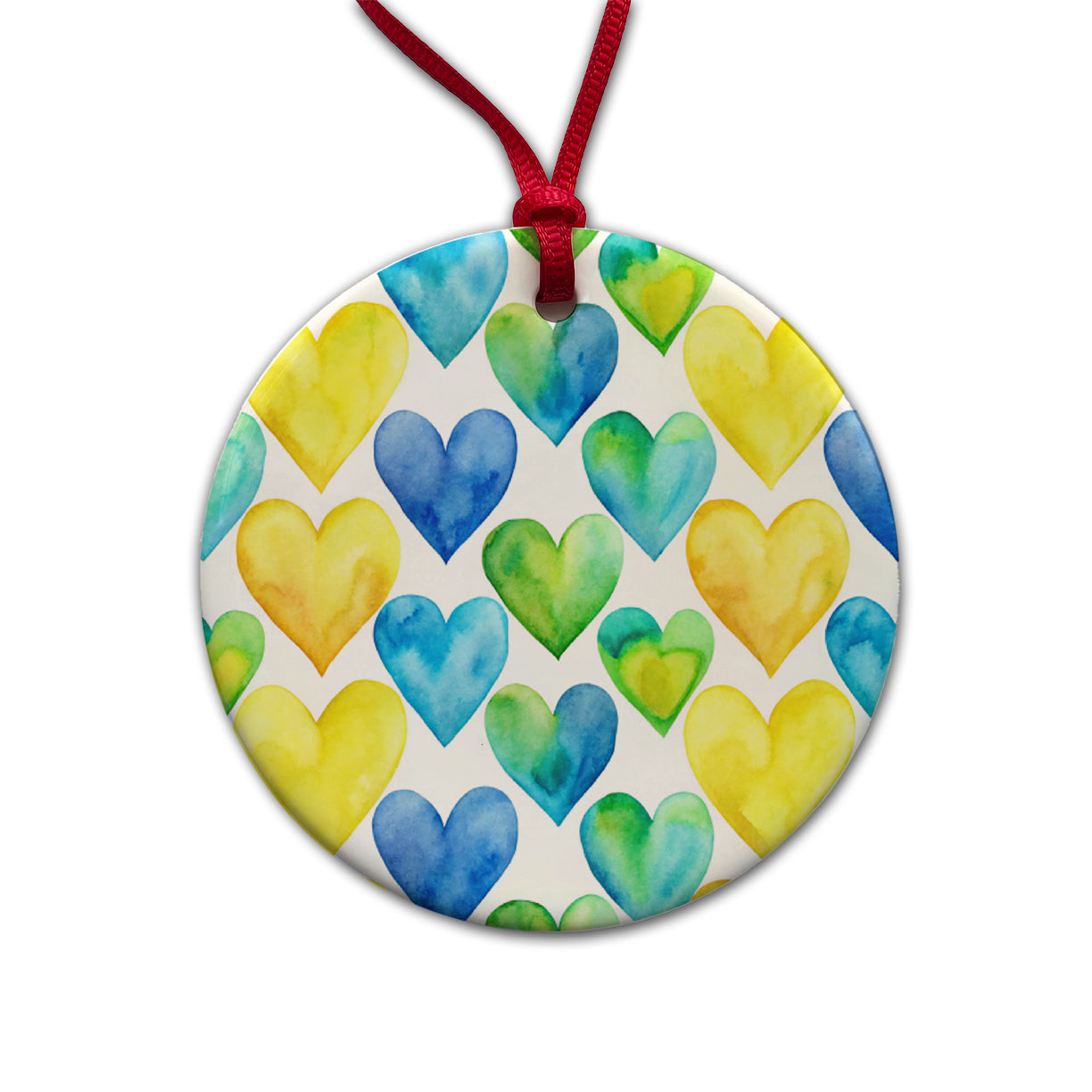 Yellow Blue Green Hearts Watercolor Round Ceramic Holiday Christmas Tree Ornament