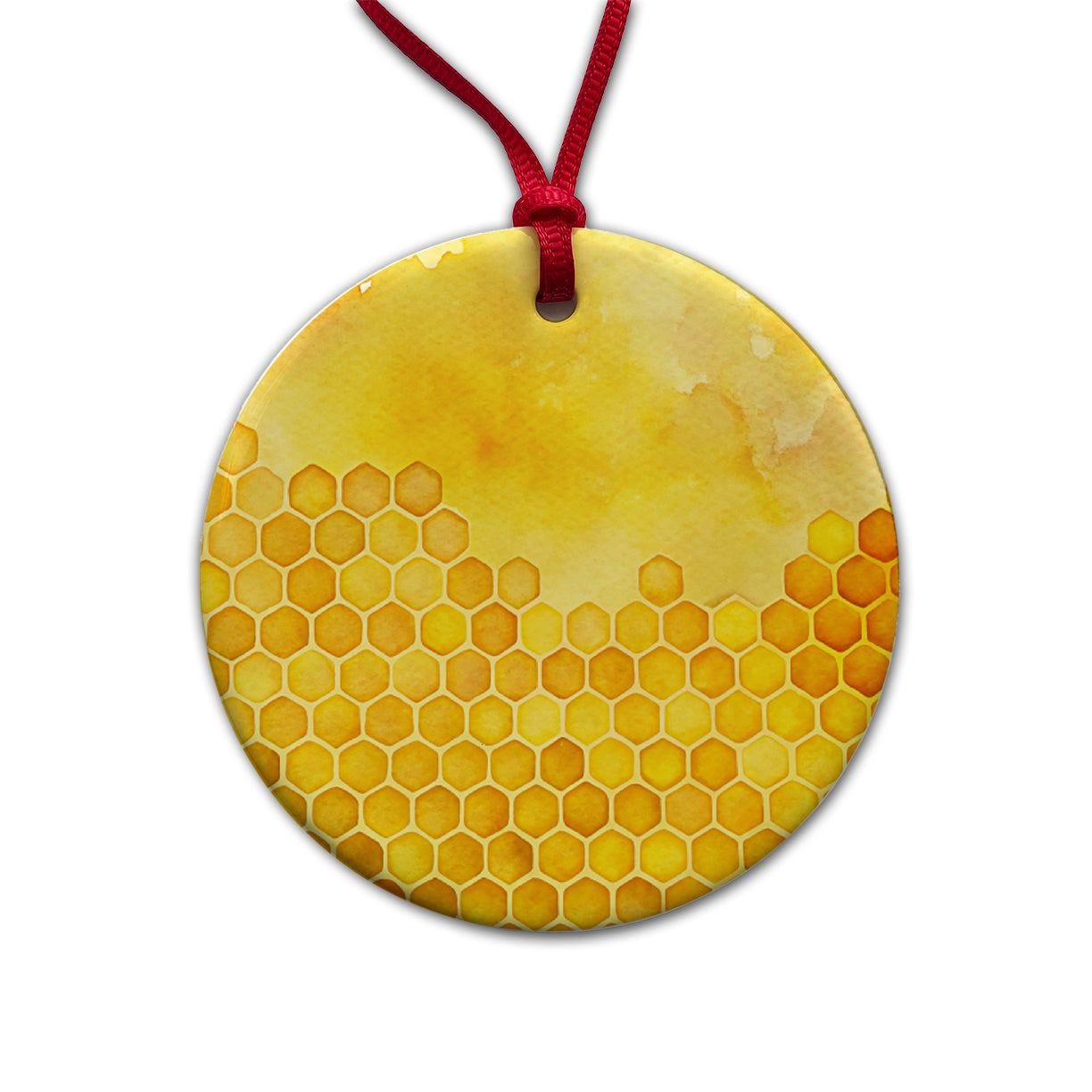 Yellow Honeycomb Background Watercolor Round Ceramic Holiday Christmas Tree Ornament