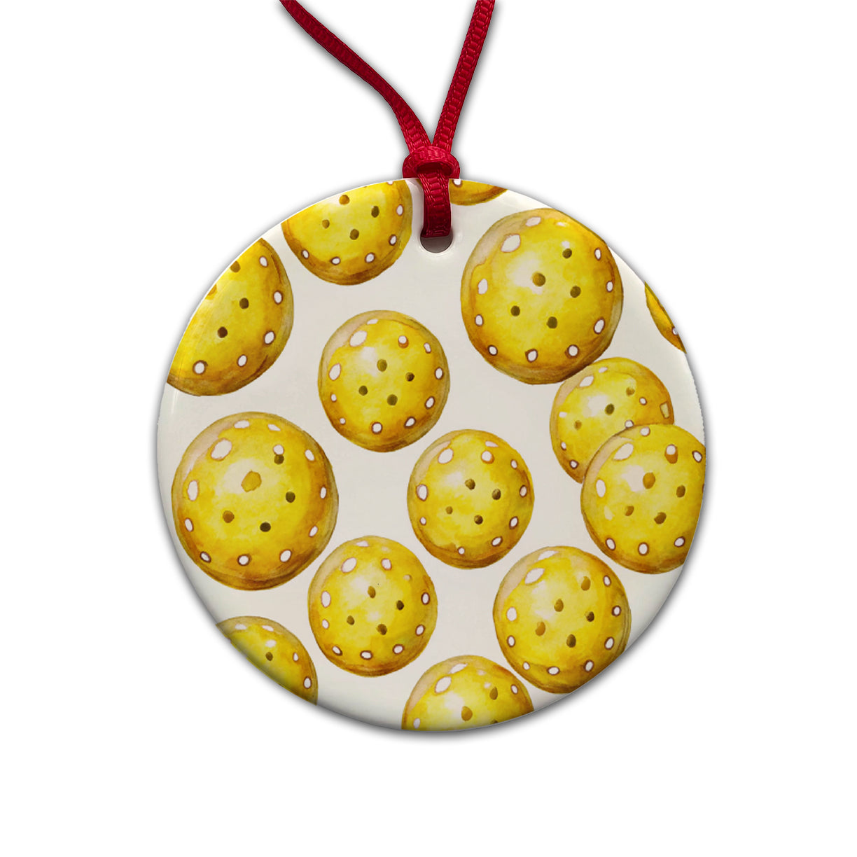 Yellow Pickleballs Watercolor Round Ceramic Holiday Christmas Tree Ornament