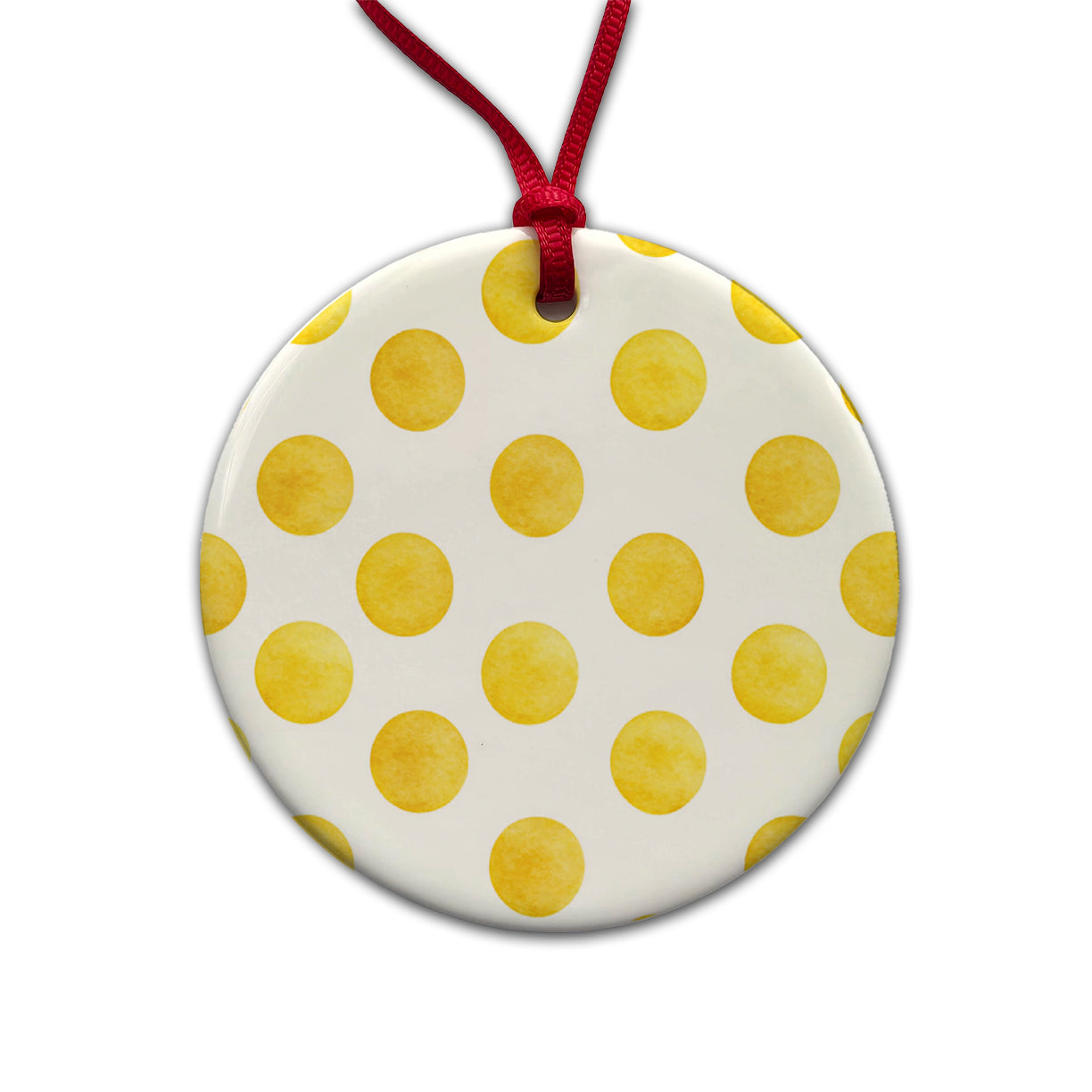 Yellow Polka Dots White Background Round Ceramic Holiday Christmas Tree Ornament