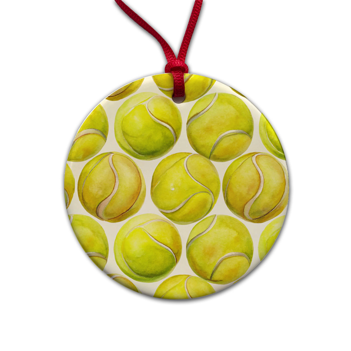 Yellow Tennis Balls Watercolor Round Ceramic Holiday Christmas Tree Ornament