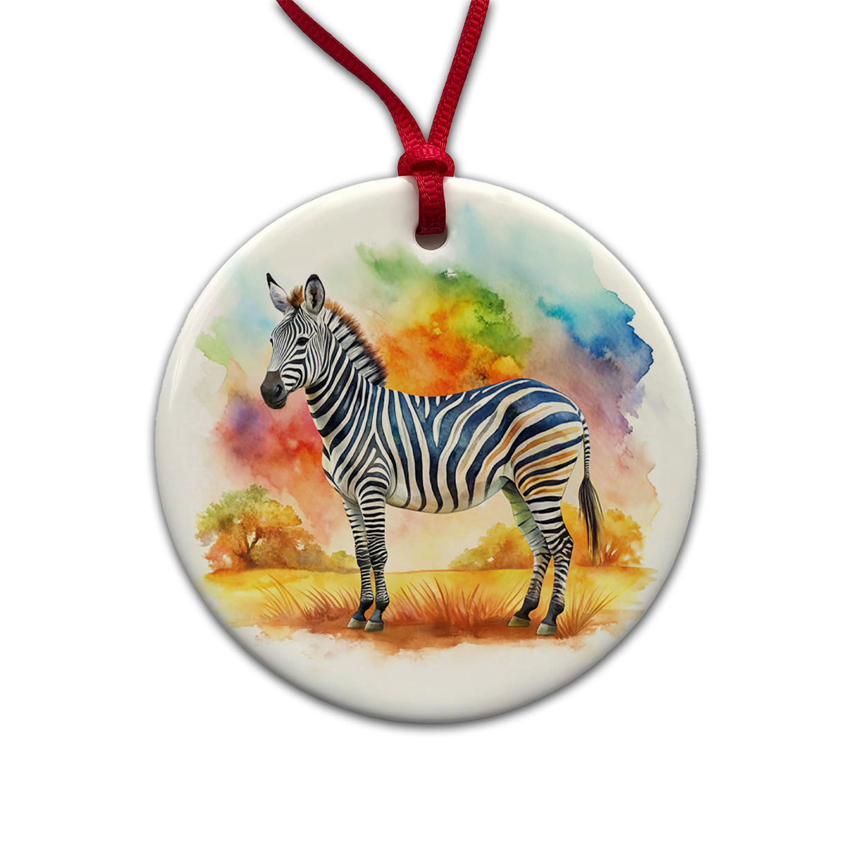 Zebra African Plain Watercolor Design Round Ceramic Holiday Christmas Tree Ornament