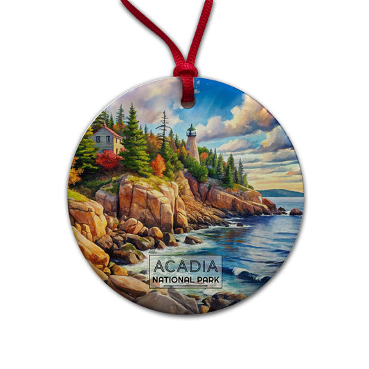Acadia National Park Maine Watercolor Round Ceramic Holiday Christmas Tree Ornament