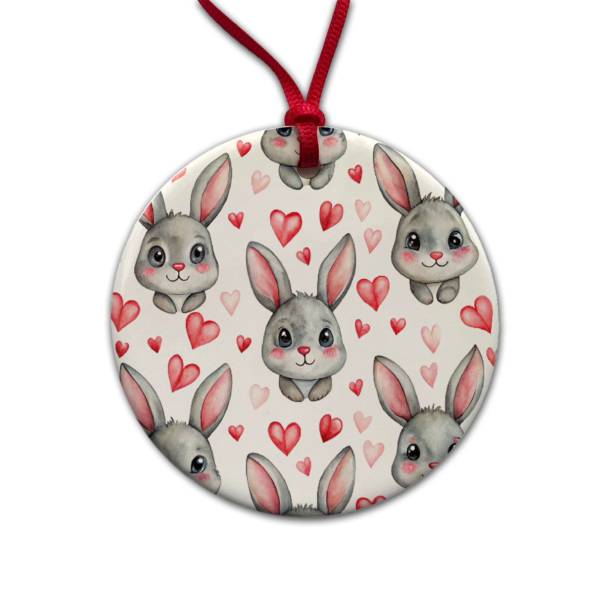 Adorable Gray Bunnies And Hearts Round Ceramic Holiday Christmas Tree Ornament