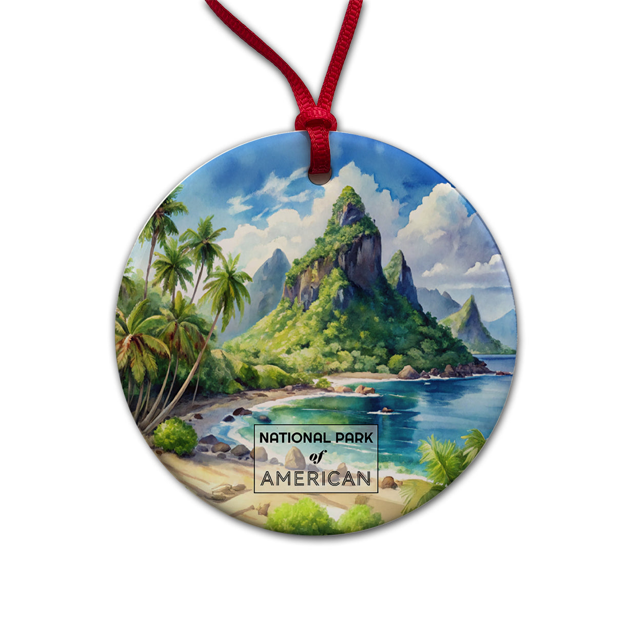 American Samoa National Park Watercolor Round Ceramic Holiday Christmas Tree Ornament