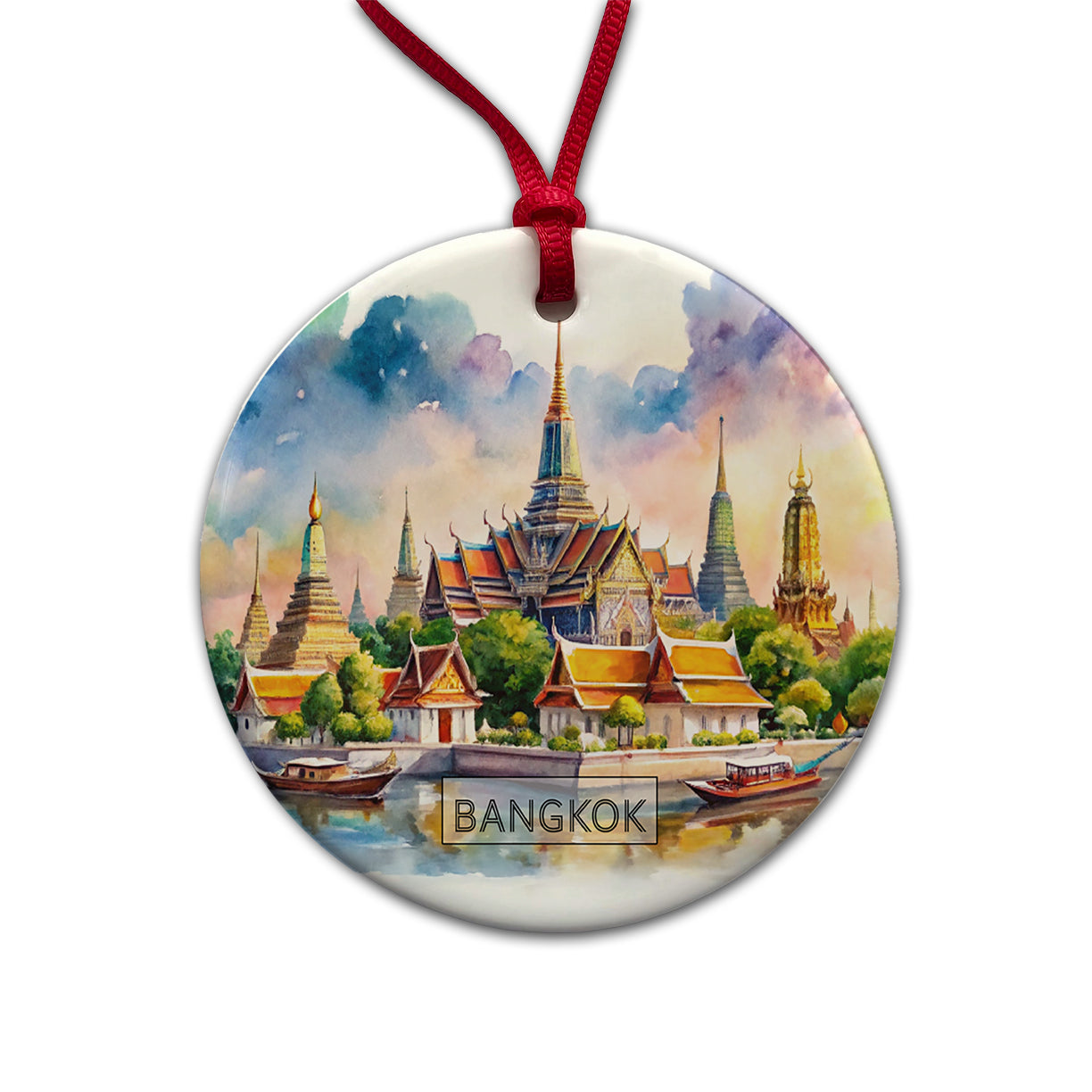 Bangkok Thailand Travel City Watercolor Round Ceramic Holiday Christmas Tree Ornament