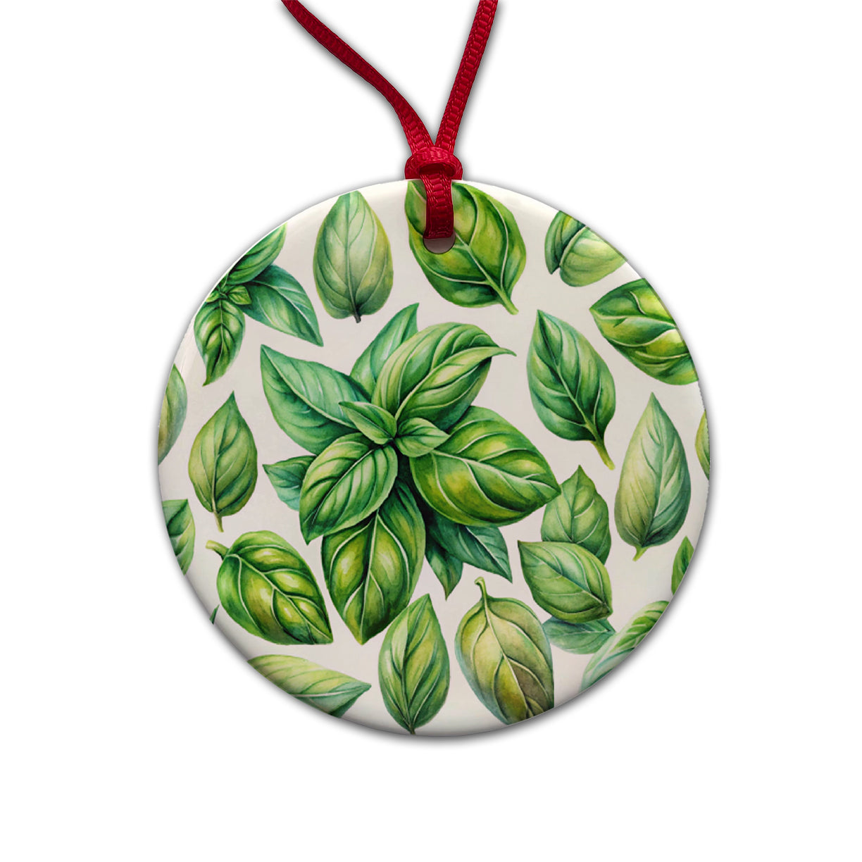 Basil Leaves Watercolor Round Ceramic Holiday Christmas Tree Ornament