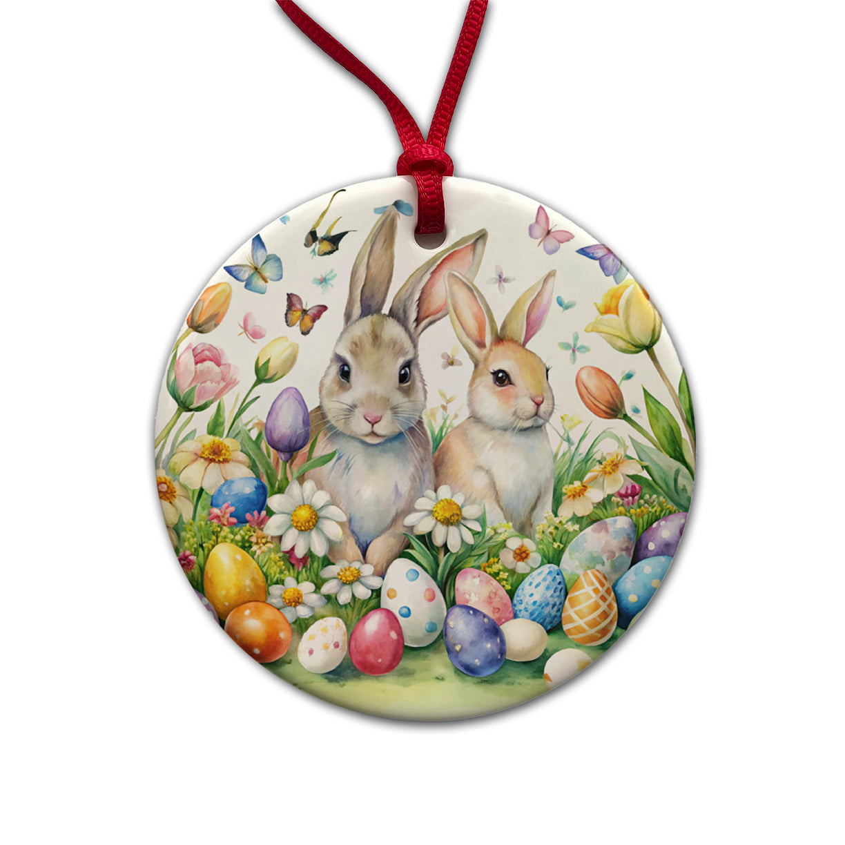 Beautiful Easter Bunnies Rabbits Eggs Flowers Round Ceramic Holiday Christmas Tree Ornament