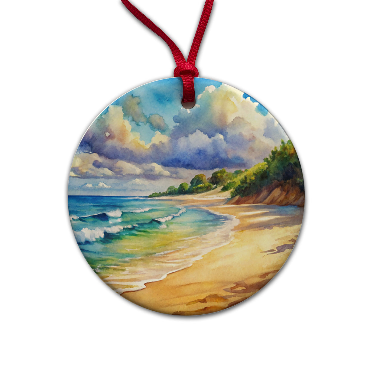 Beautiful Sandy Beach Watercolor Round Ceramic Holiday Christmas Tree Ornament