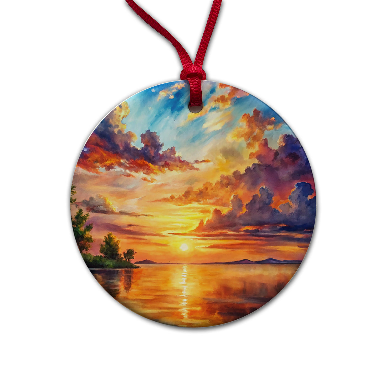 Beautiful Sunset Watercolor Round Ceramic Holiday Christmas Tree Ornament