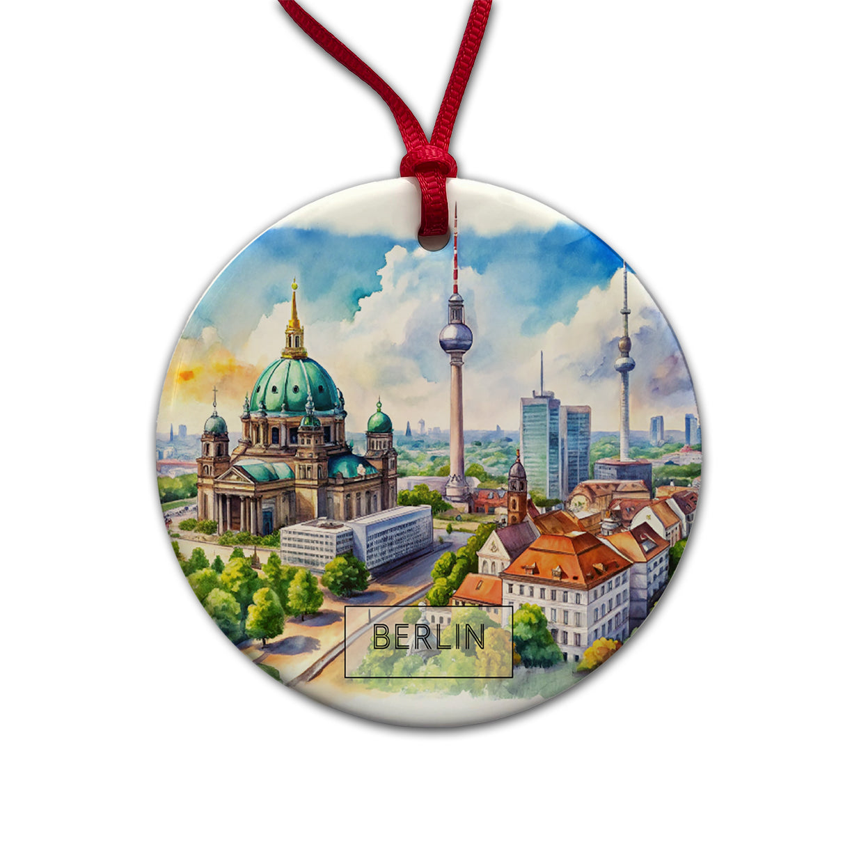 Berlin Germany Travel City Watercolor Round Ceramic Holiday Christmas Tree Ornament