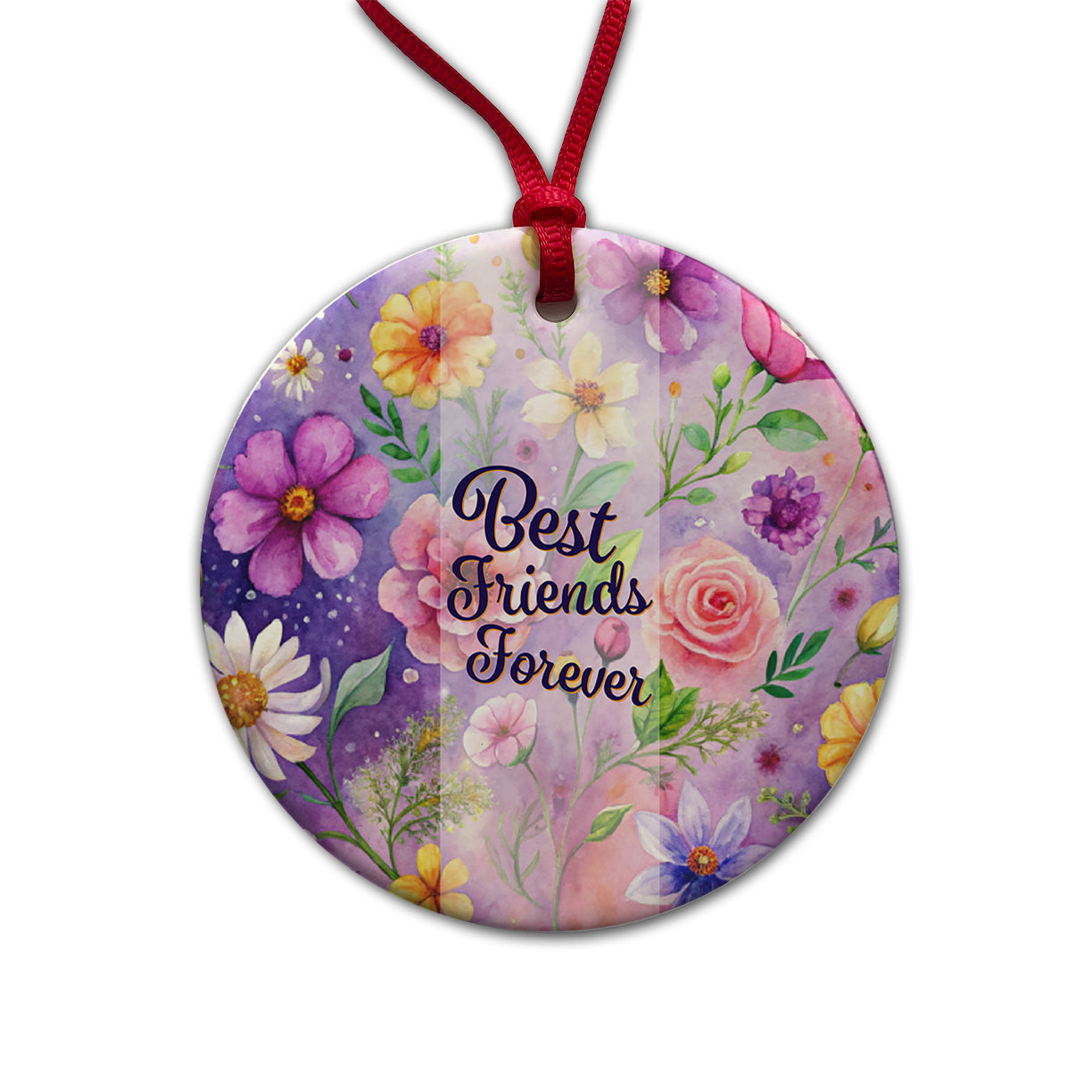 Best Friends Forever Flowers Purple Background Round Ceramic Holiday Christmas Tree Ornament