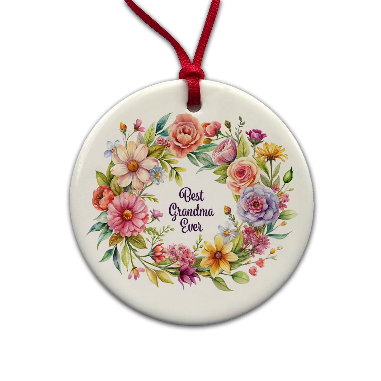 Best Grandma Ever Flowers Round Ceramic Holiday Christmas Tree Ornament