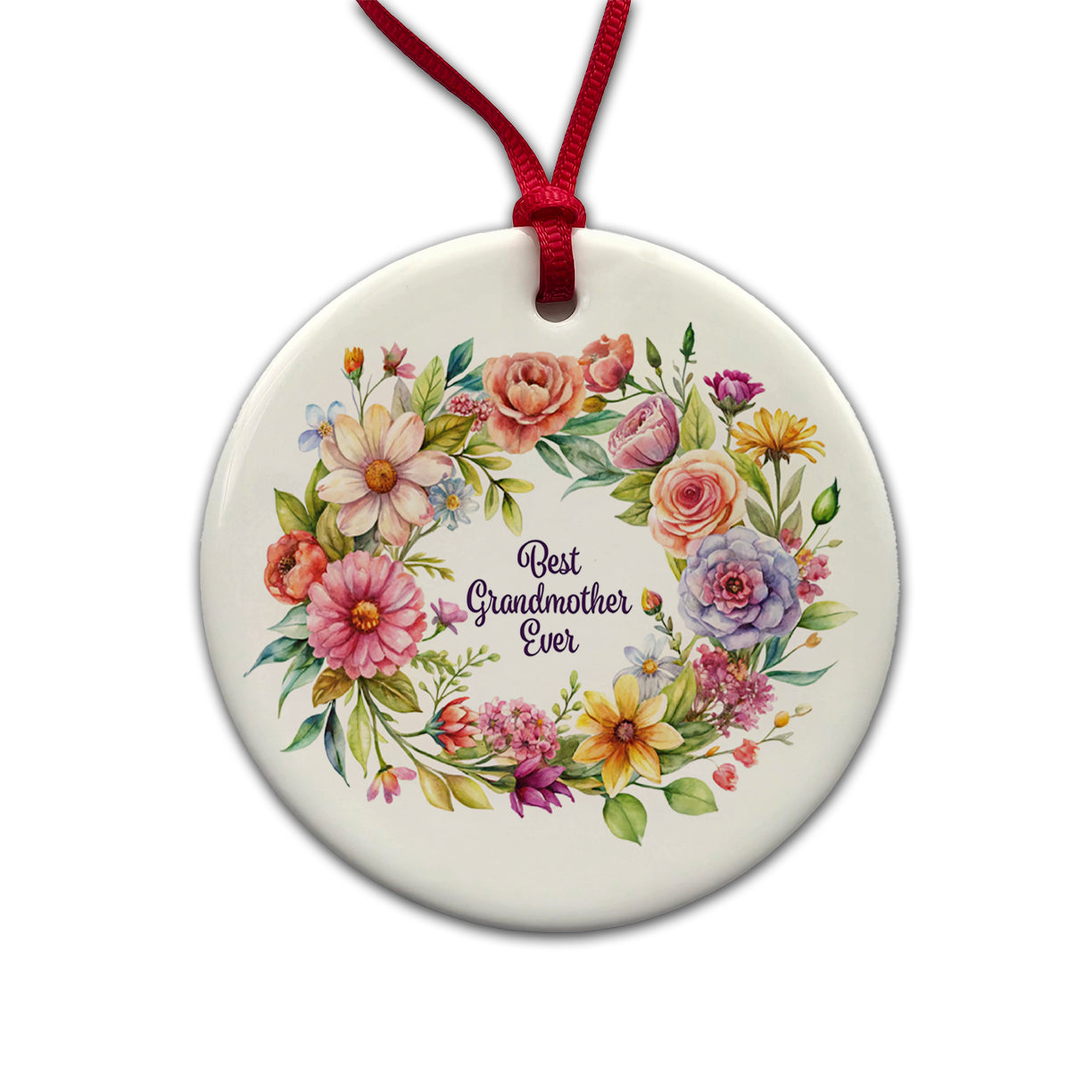Best Grandmother Ever Flowers Round Ceramic Holiday Christmas Tree Ornament