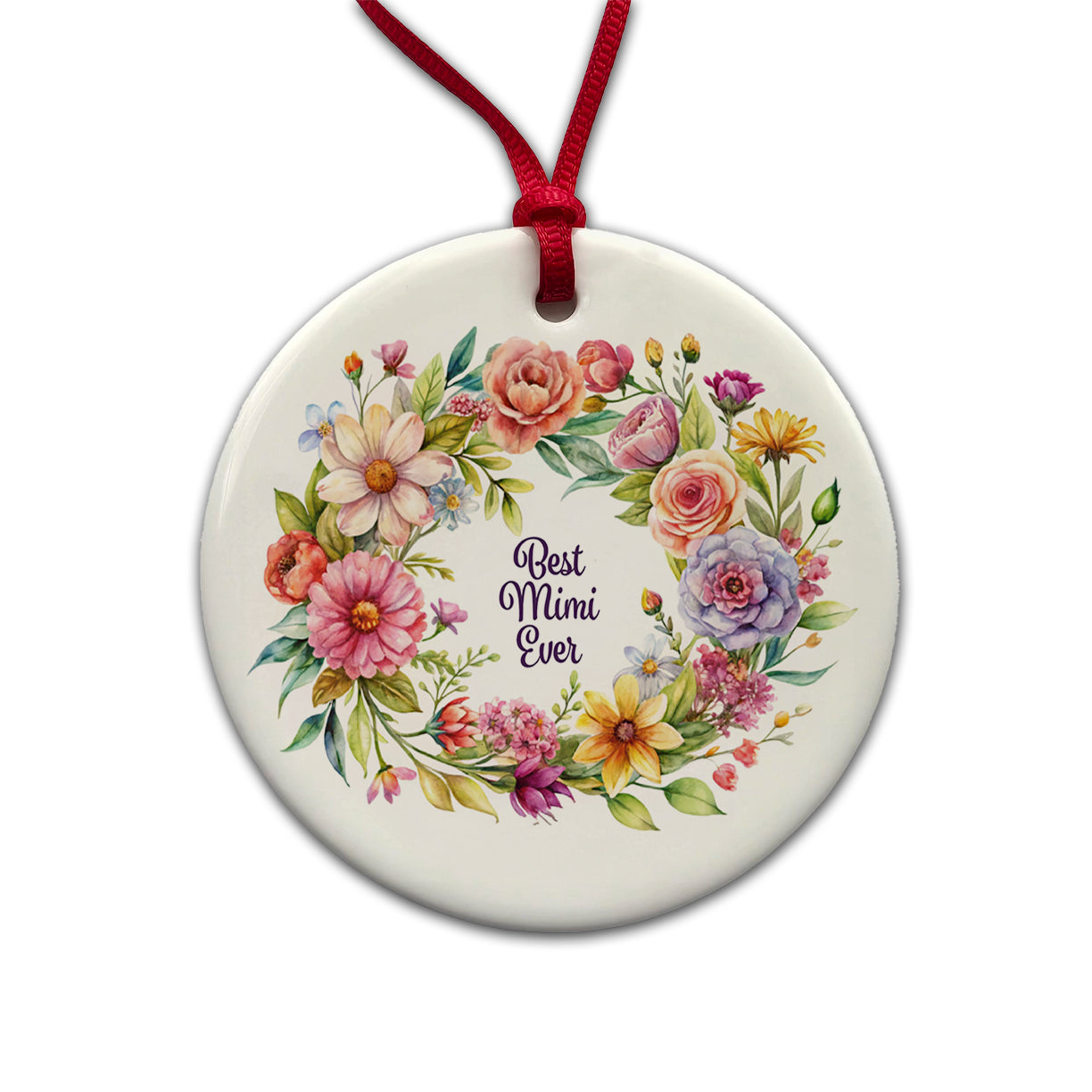 Best Mimi Grandma Ever Flowers Round Ceramic Holiday Christmas Tree Ornament