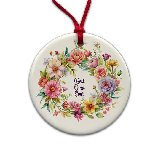 Best Oma German Grandma Ever Flowers Round Ceramic Holiday Christmas Tree Ornament