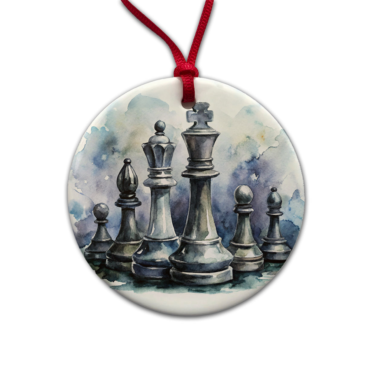 Black And White Chess Pieces Watercolor Round Ceramic Holiday Christmas Tree Ornament