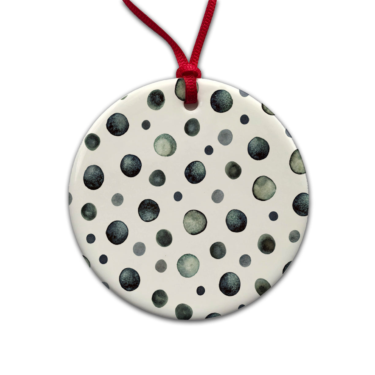 Black Polka Dots Fun White Background Round Ceramic Holiday Christmas Tree Ornament