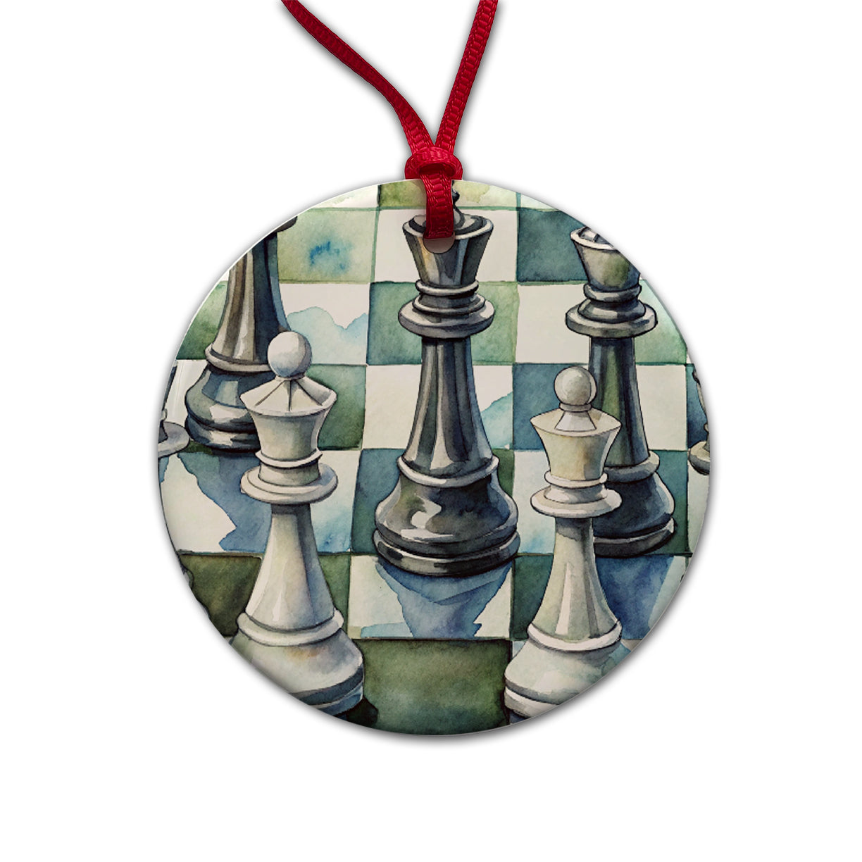 Black White Chess Pieces Watercolor Round Ceramic Holiday Christmas Tree Ornament