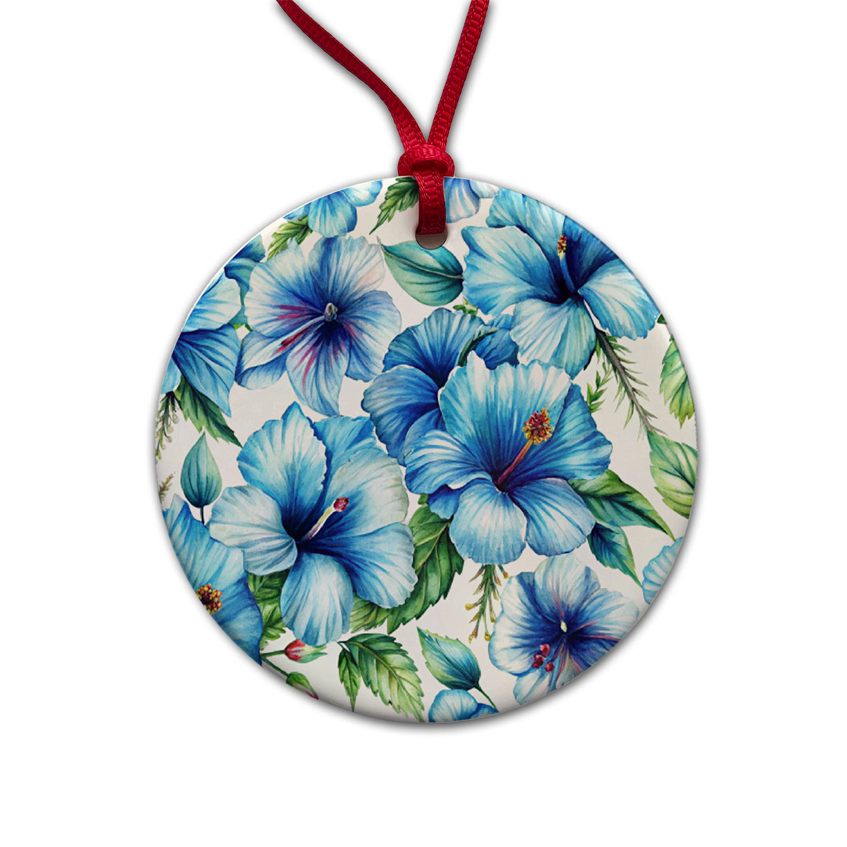 Blue Hibiscus Flowers Watercolor Round Ceramic Holiday Christmas Tree Ornament