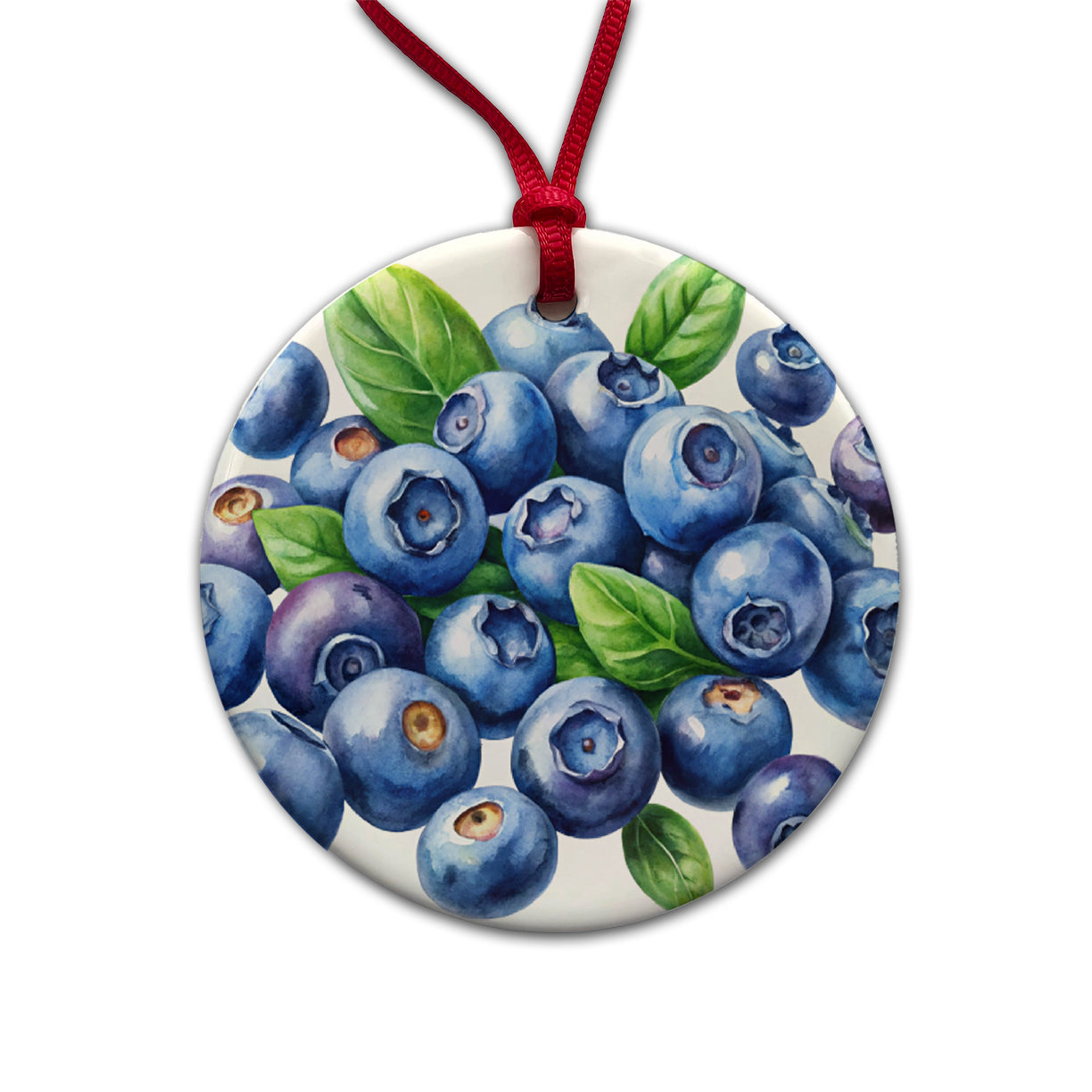 Blueberries Fruit Watercolor Round Ceramic Holiday Christmas Tree Ornament